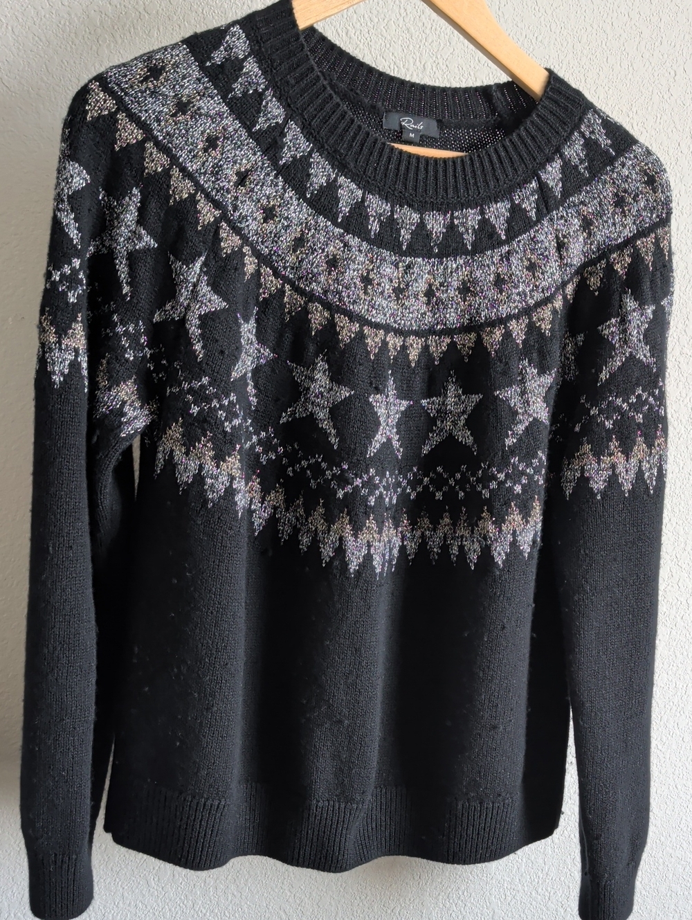 Rails Black Crewneck Sweater with Metallic Star Fair Isle Yoke
